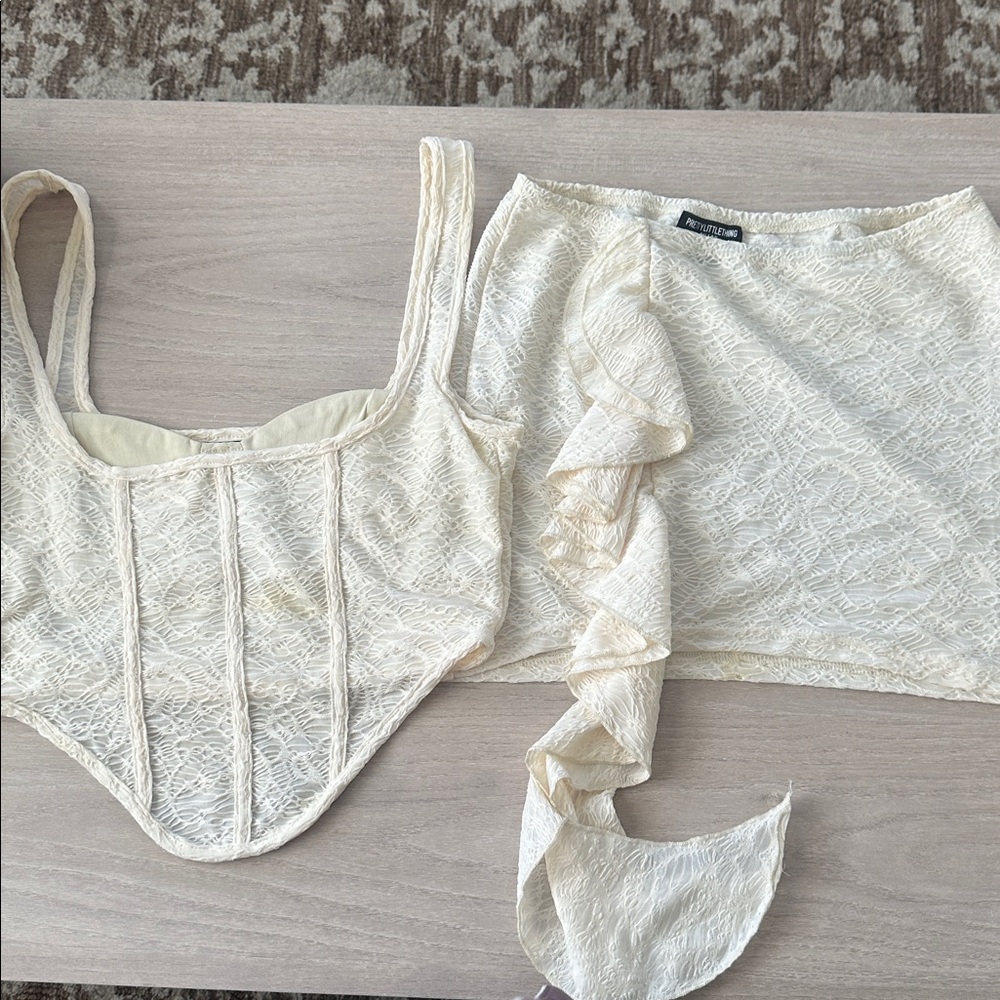 PrettyLittleThing Cream Lace Two-Piece Skirt Set
